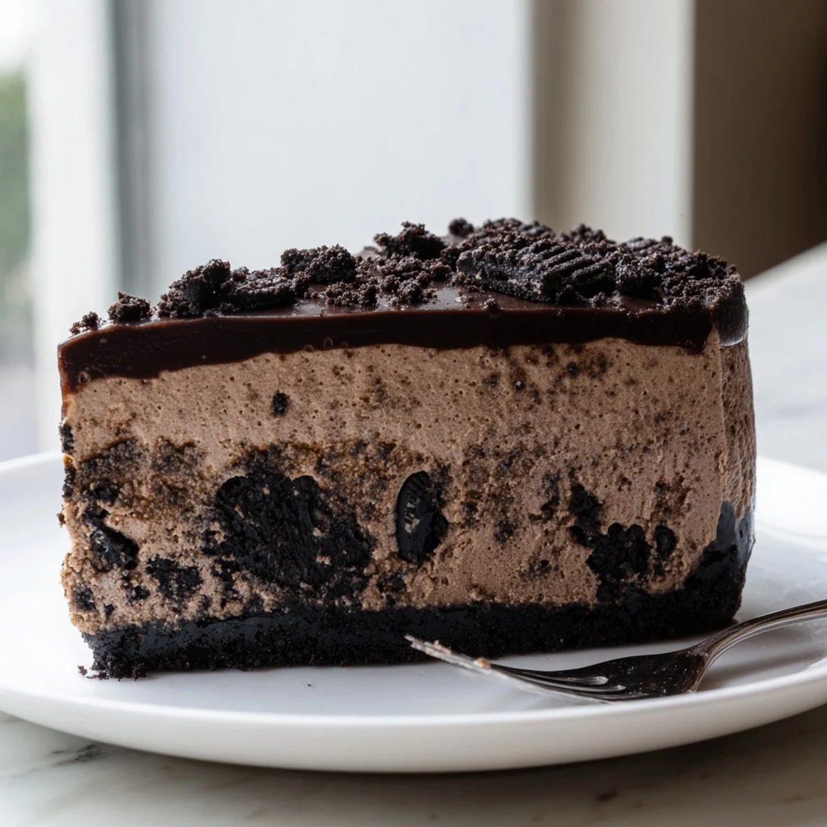 Creamy Oreo chocolate cheesecake sliced with glossy ganache dripping over a chocolate cookie crust