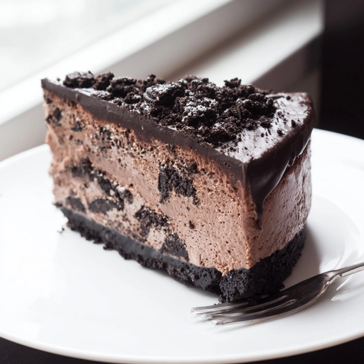 Decadent Oreo chocolate cheesecake topped with rich dark ganache and crushed cookie pieces