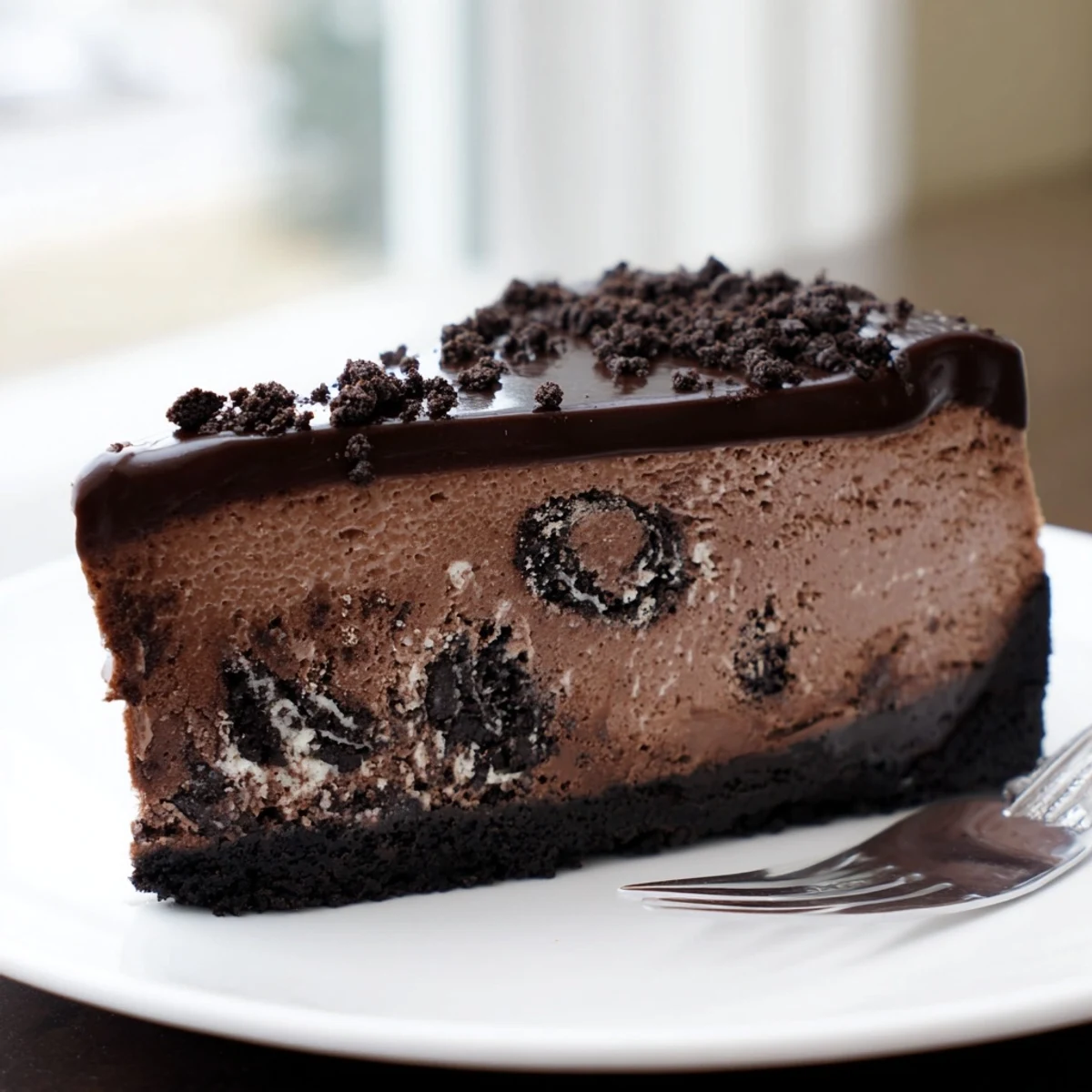 Smooth Oreo chocolate cheesecake with a thick chocolate drizzle served on a white dessert plate