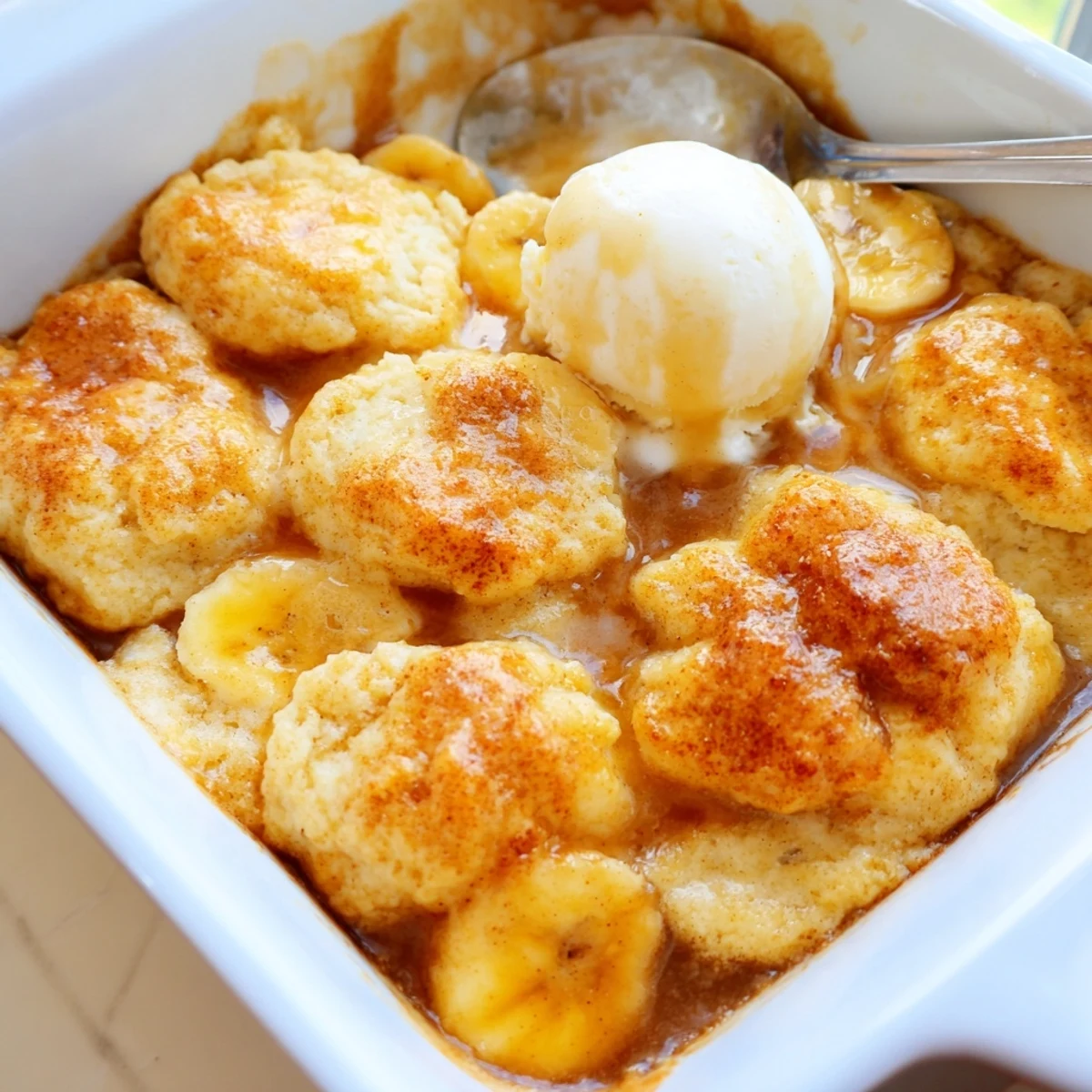 Golden Southern banana cobbler fresh from the oven with bubbling caramelized banana filling