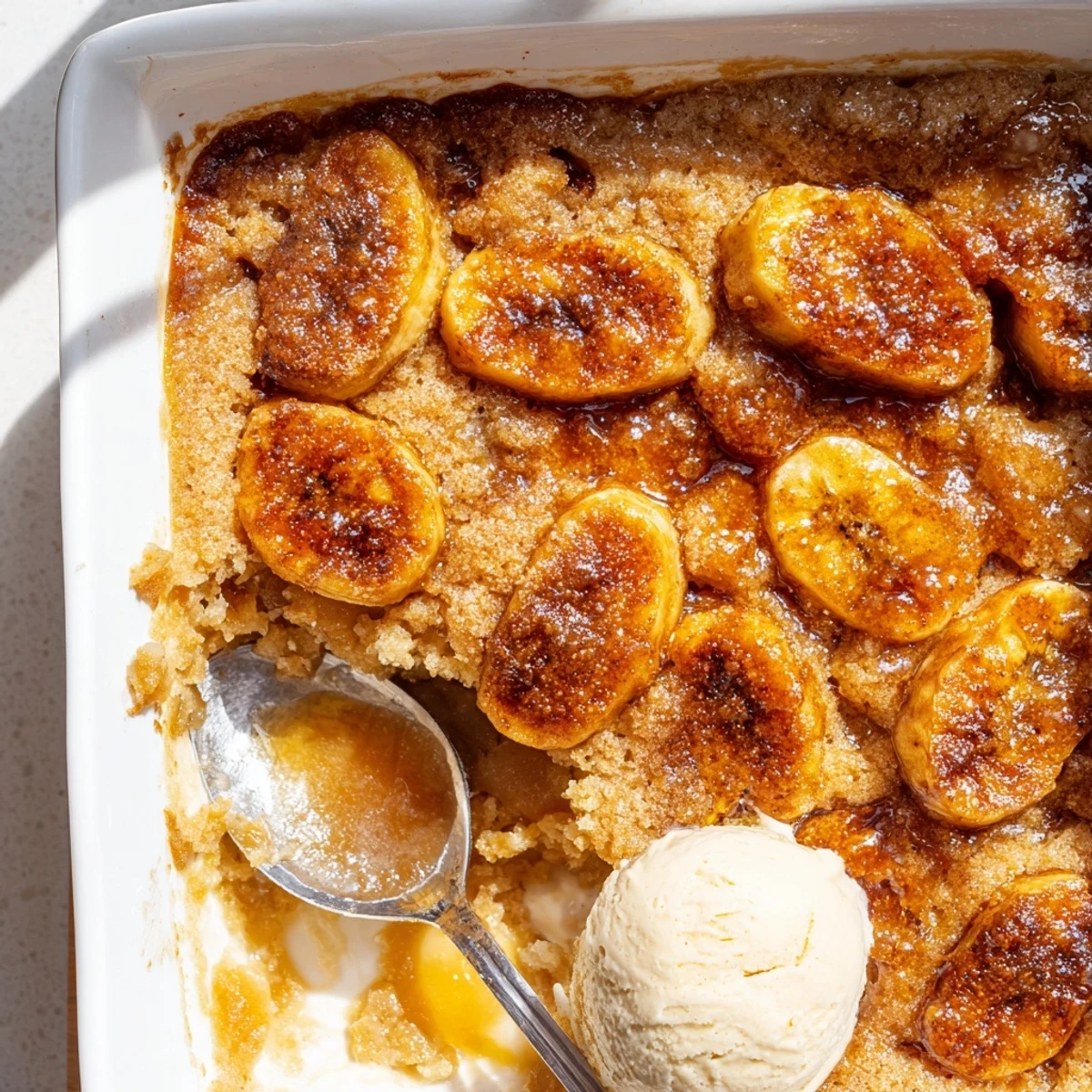 Warm Southern banana cobbler served in a rustic baking dish with melted buttery crust