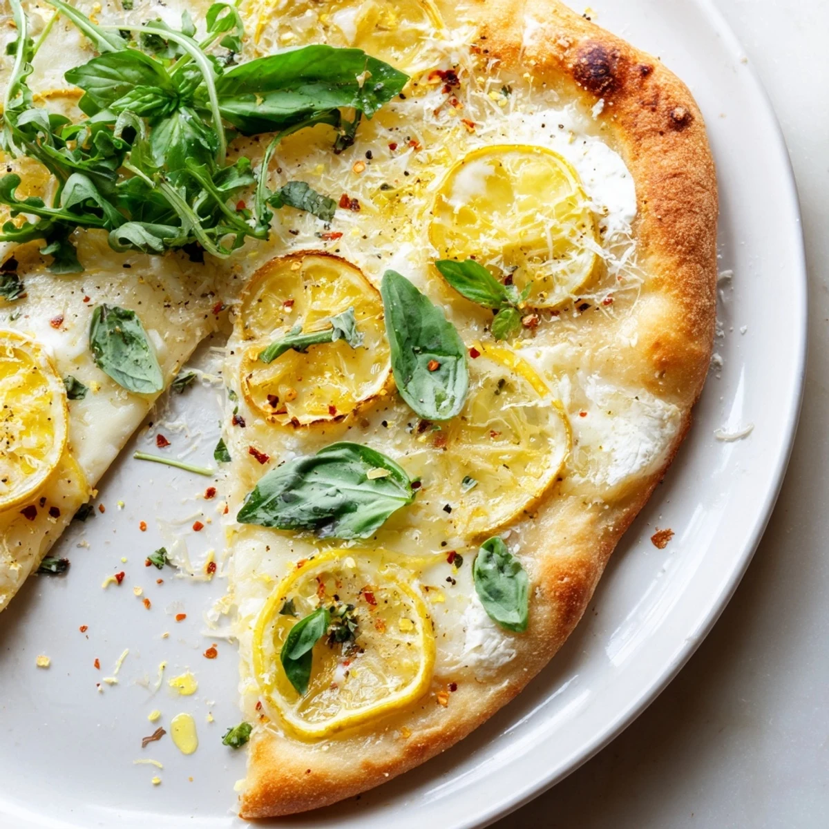 Golden zesty summer lemon pizza fresh from the oven with bubbling cheese