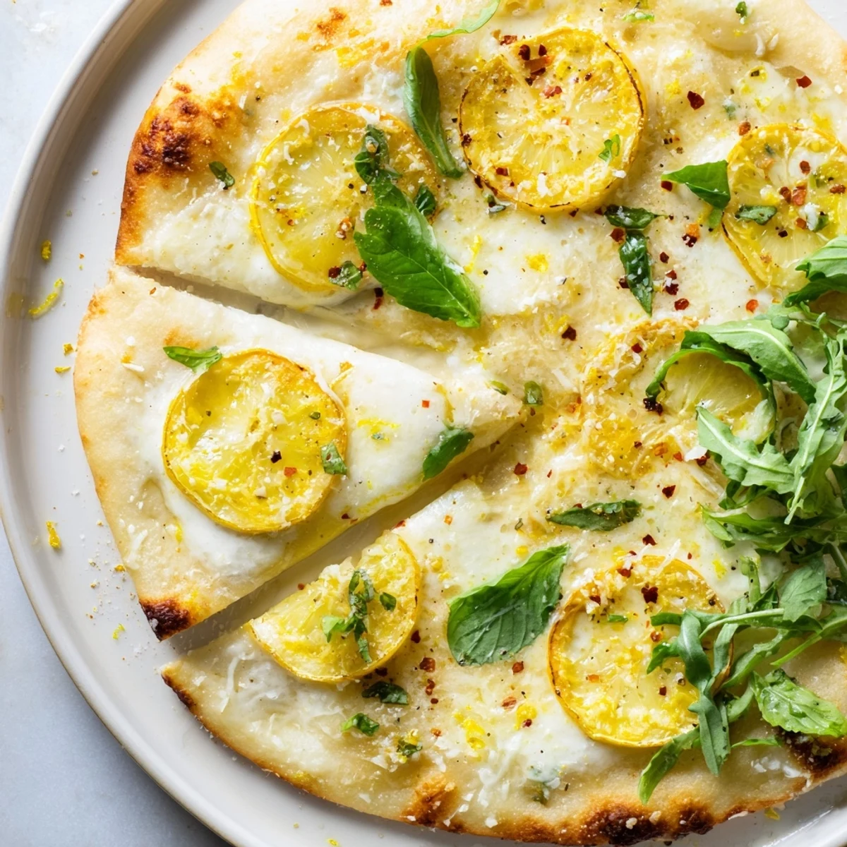 Thin lemon slices atop creamy mozzarella on this zesty summer lemon pizza