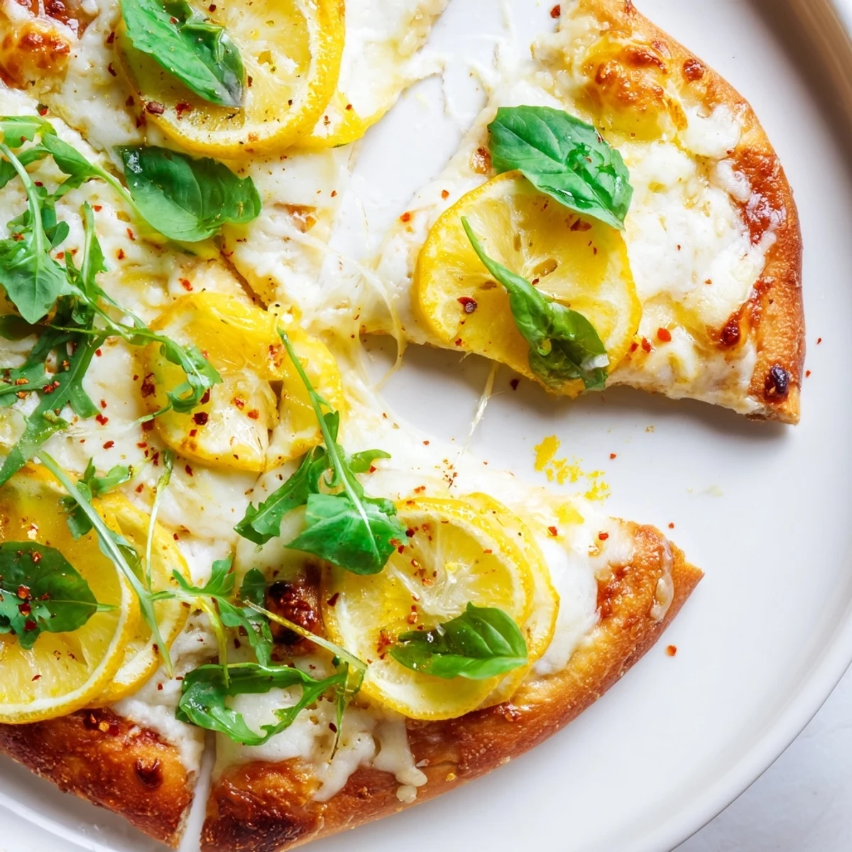Zesty summer lemon pizza topped with peppery arugula and fresh basil leaves