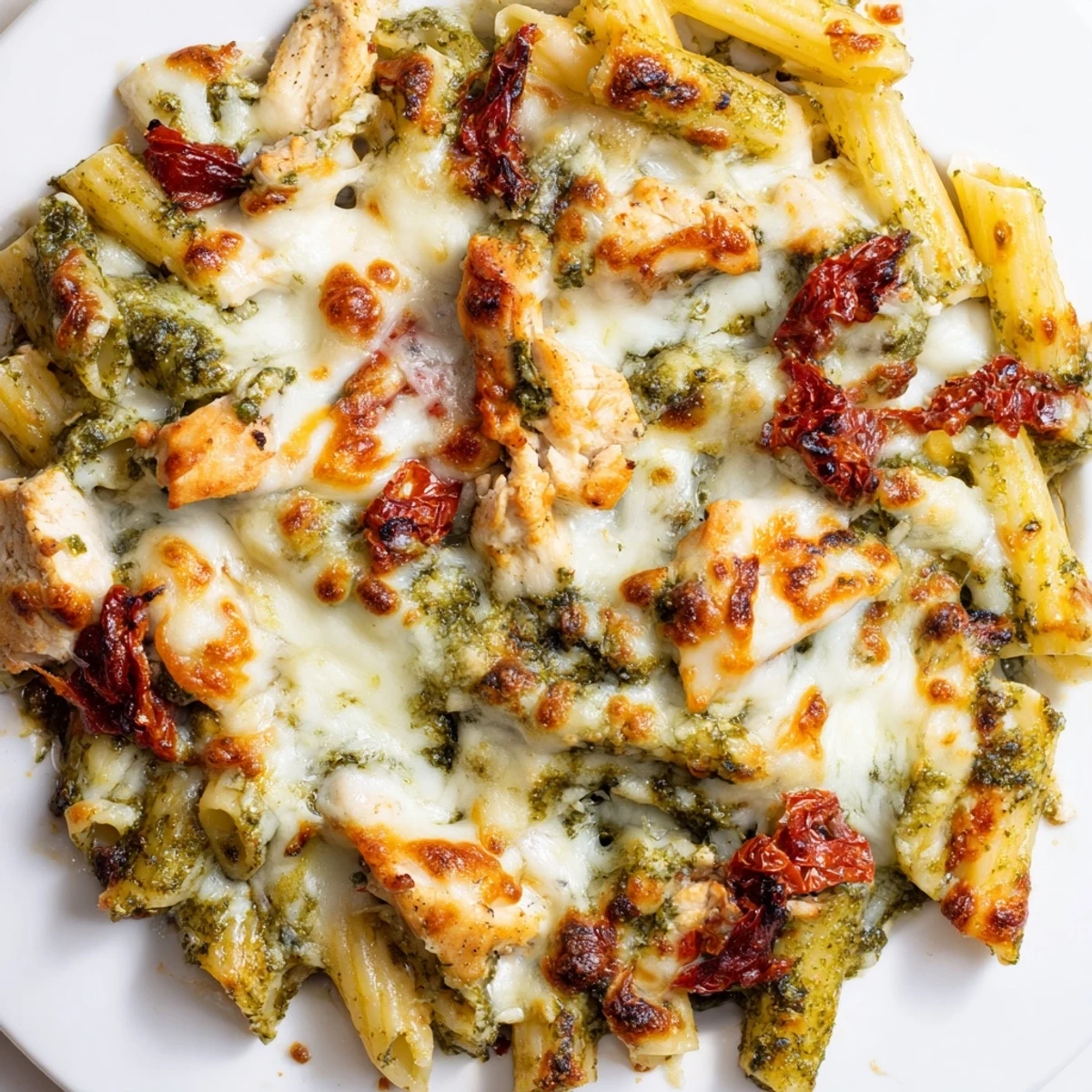 Golden bubbling pesto chicken pasta bake with melted mozzarella and fresh basil leaves