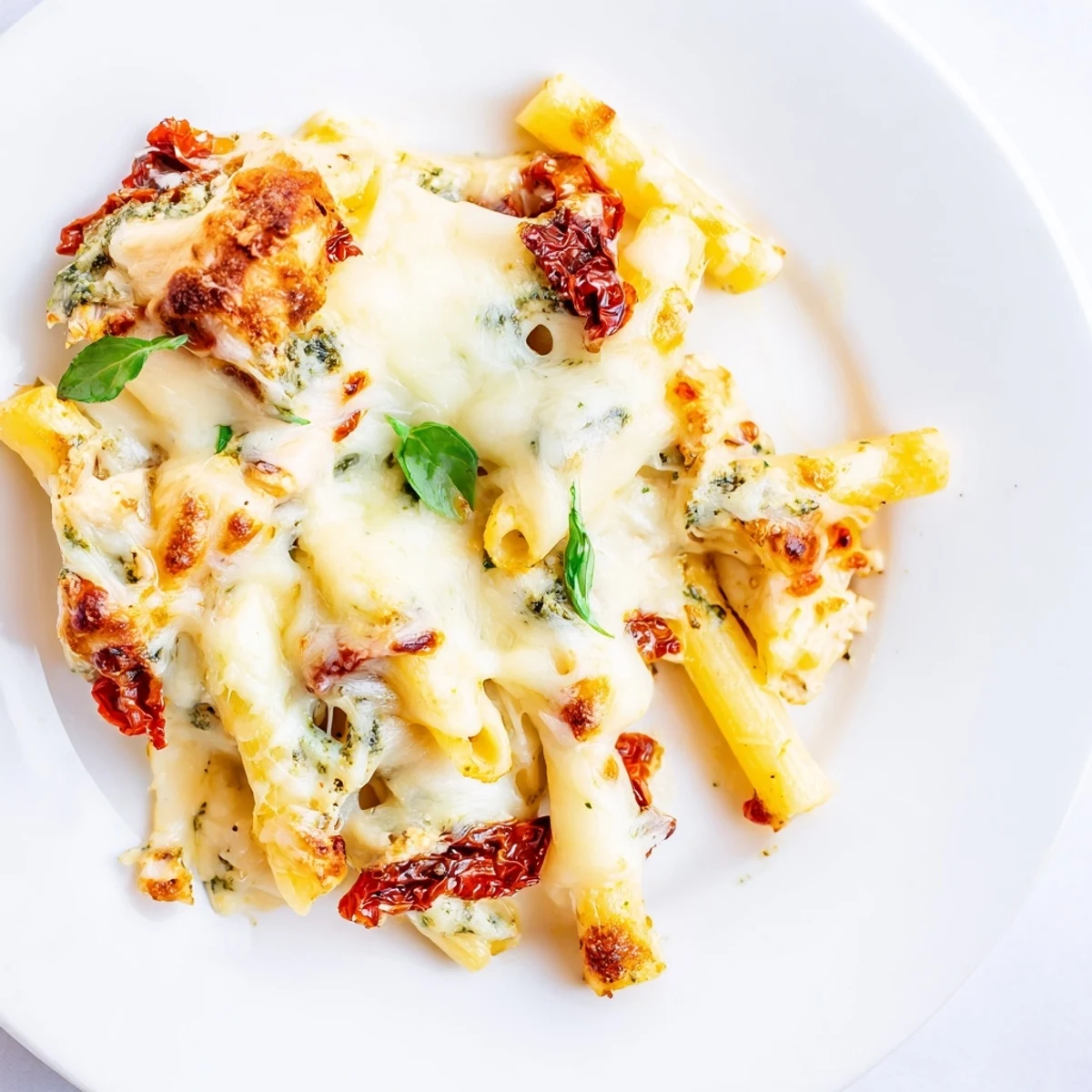 Steaming pesto chicken pasta bake topped with gooey cheese and sun-dried tomatoes