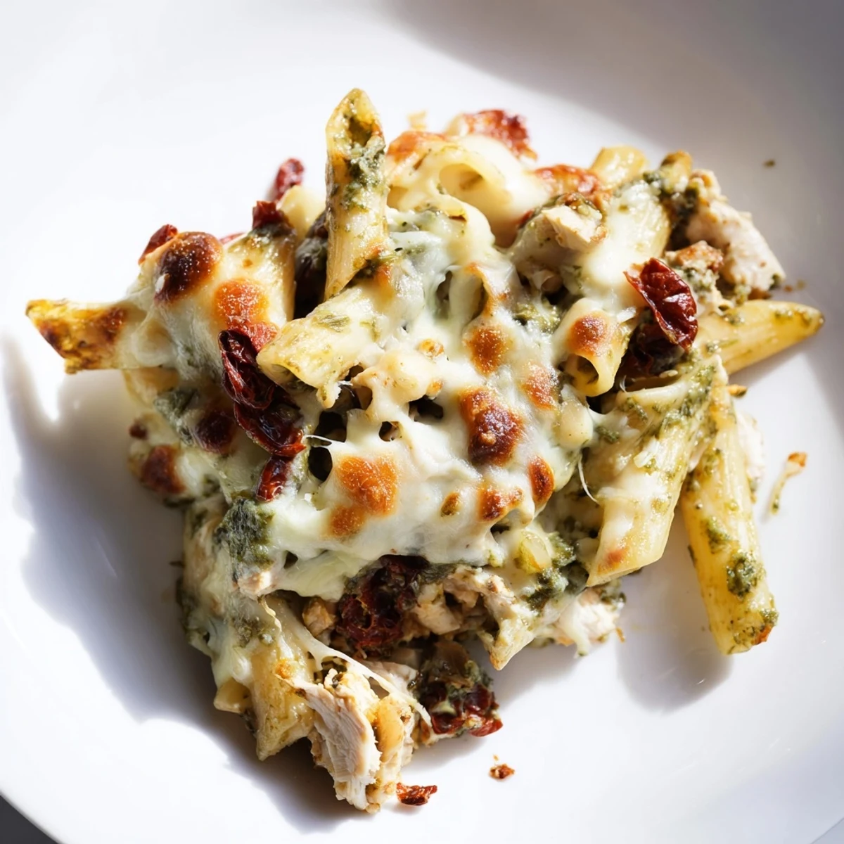 Creamy pesto chicken pasta bake scooped from a cast iron baking dish