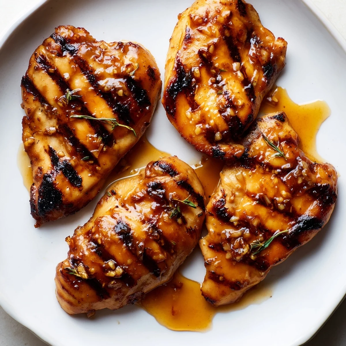 Juicy Maple Dijon grilled chicken sliced open, drizzled with sweet-tangy pan sauce and fresh thyme.