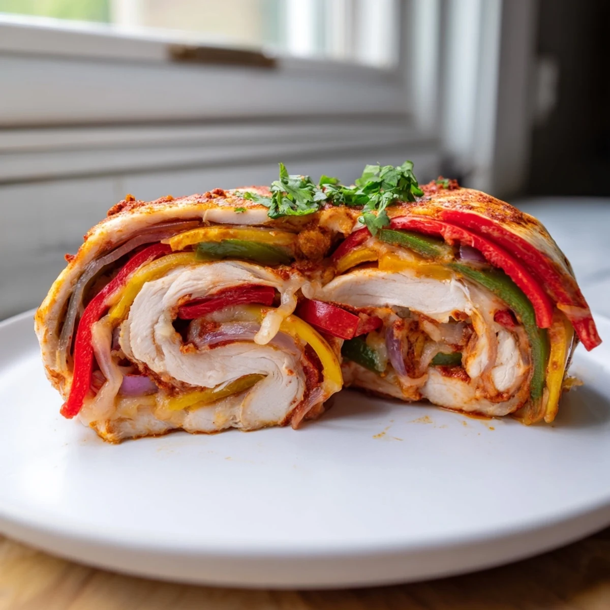 Golden baked chicken fajita roll ups with melted cheese and colorful bell peppers on a baking dish