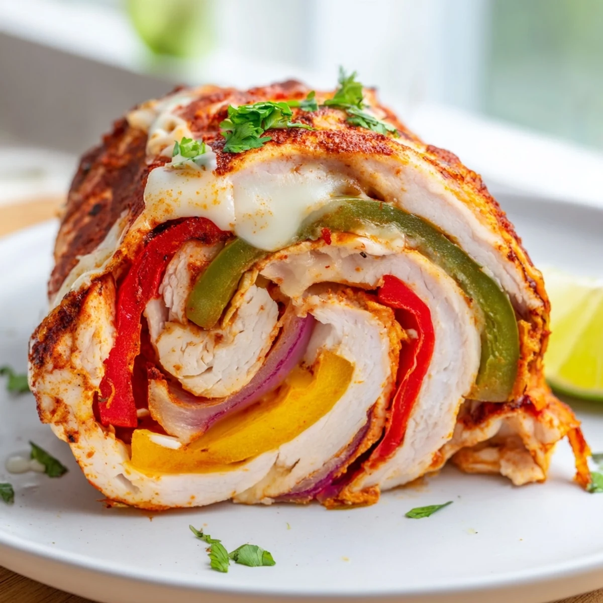 Juicy baked chicken fajita roll ups sliced open revealing tender peppers and gooey Monterey Jack cheese