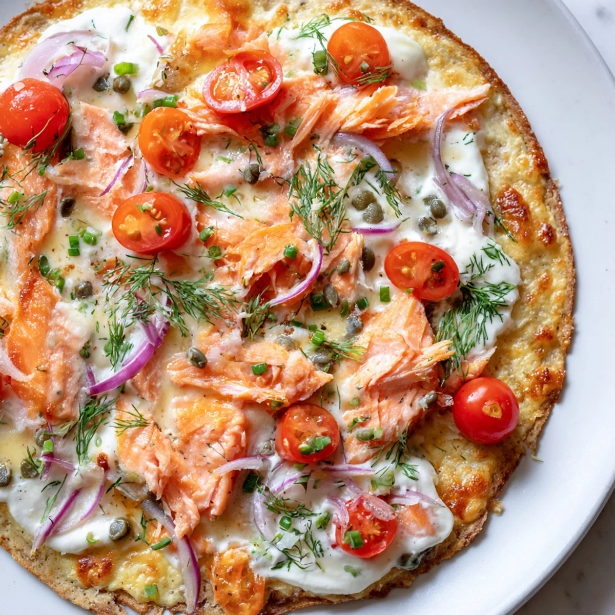 Crispy leftover salmon tortilla pizza with melted mozzarella, capers, and fresh dill garnish