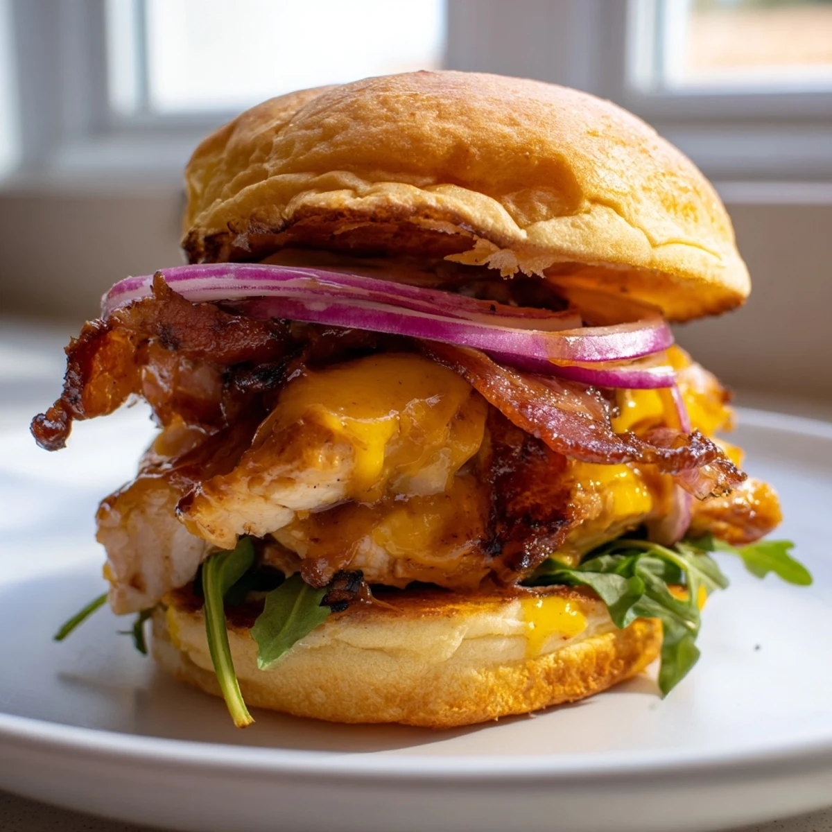 Golden maple chicken bacon sliders stacked on toasted buns with melted cheddar and crispy bacon strips
