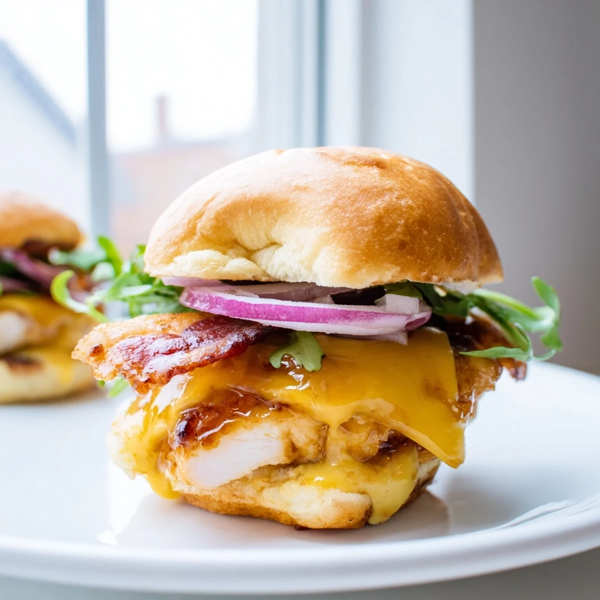 Close-up of maple chicken bacon sliders featuring glossy glazed chicken fresh arugula and soft brioche buns