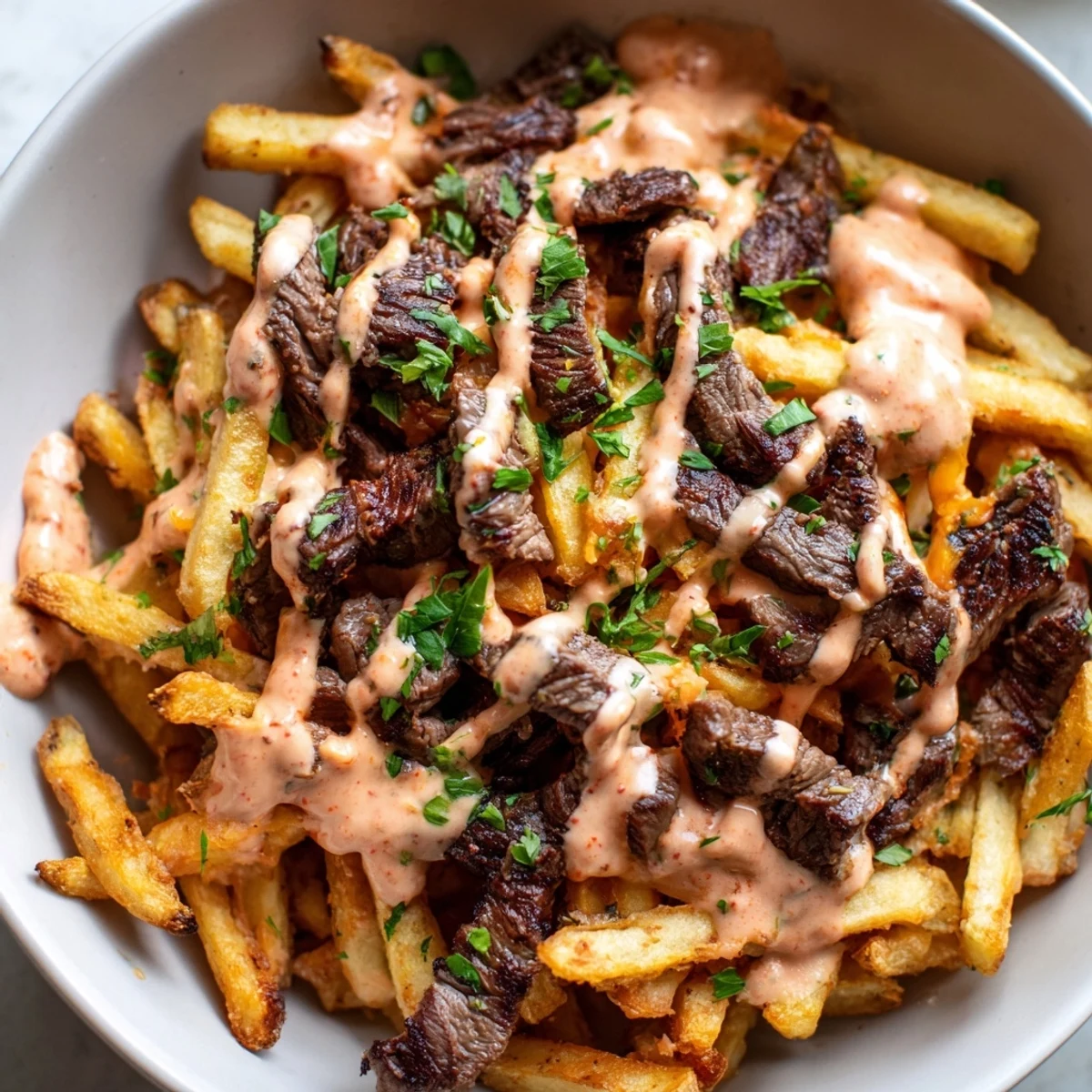 Crispy golden fries topped with seared steak strips and fresh avocado slices