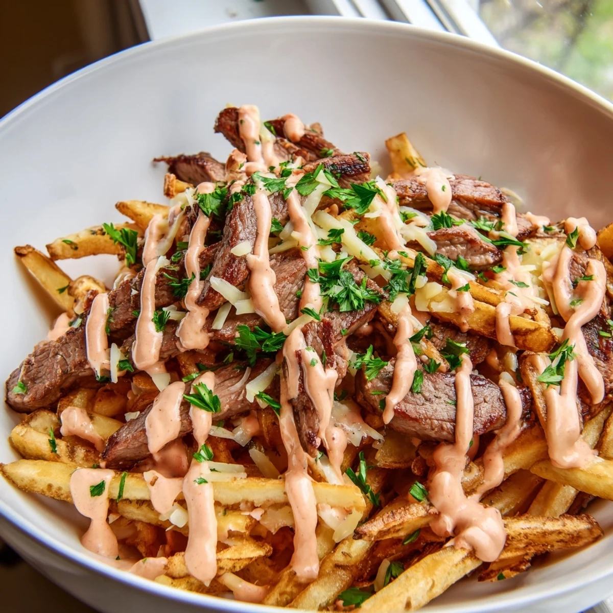 Juicy steak strips and crispy fries bowl drizzled with smoky zesty sauce