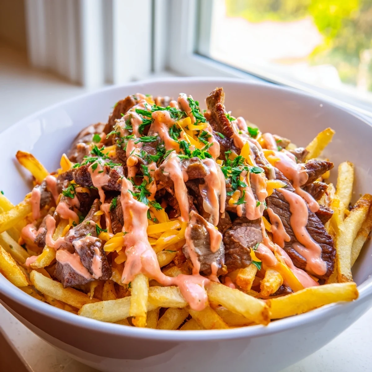 Hearty steak strips crispy fries bowl loaded with colorful vegetables and melted cheddar
