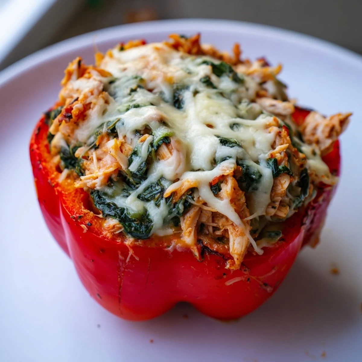 Golden baked Chicken Florentine Stuffed Peppers overflowing with melted mozzarella and savory spinach. A rustic baking dish holds four vibrant bell peppers filled with creamy Chicken Florentine Stuffed Peppers. Tender roasted Chicken Florentine Stuffed Peppers topped with bubbling cheese on a white plate.