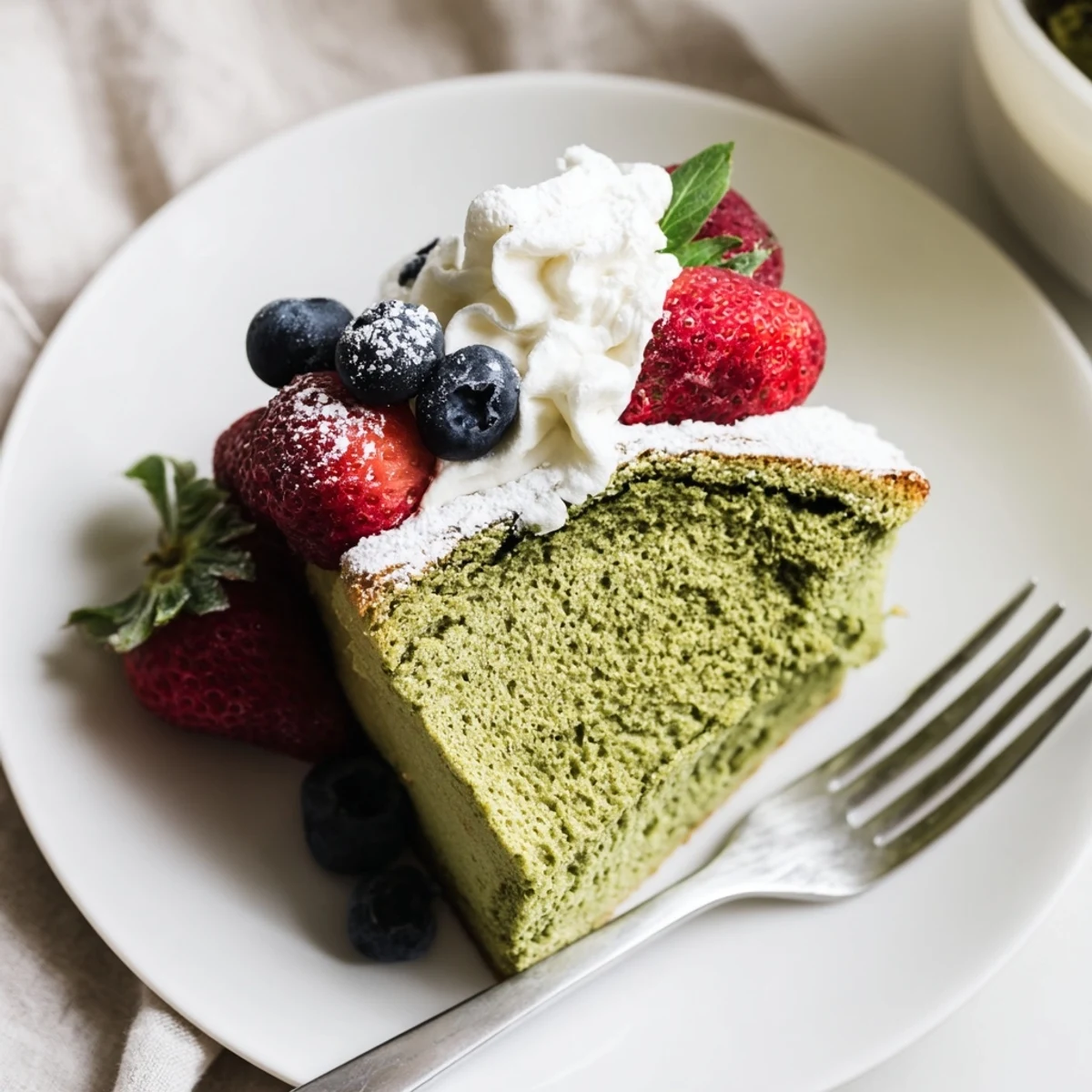 A slice of this moist matcha cake topped with fresh berries and powdered sugar. A slice of tender matcha cake resting on a rustic plate beside a steaming cup. A beautifully baked matcha cake with a vibrant green crumb dusted with powdered sugar.