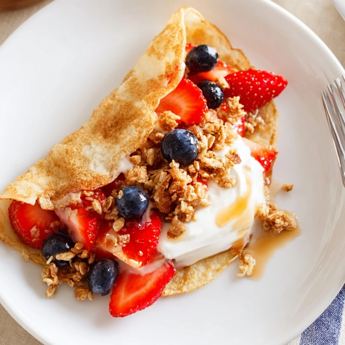 Fluffy golden pancake tacos stuffed with fresh strawberries and drizzled maple syrup.
