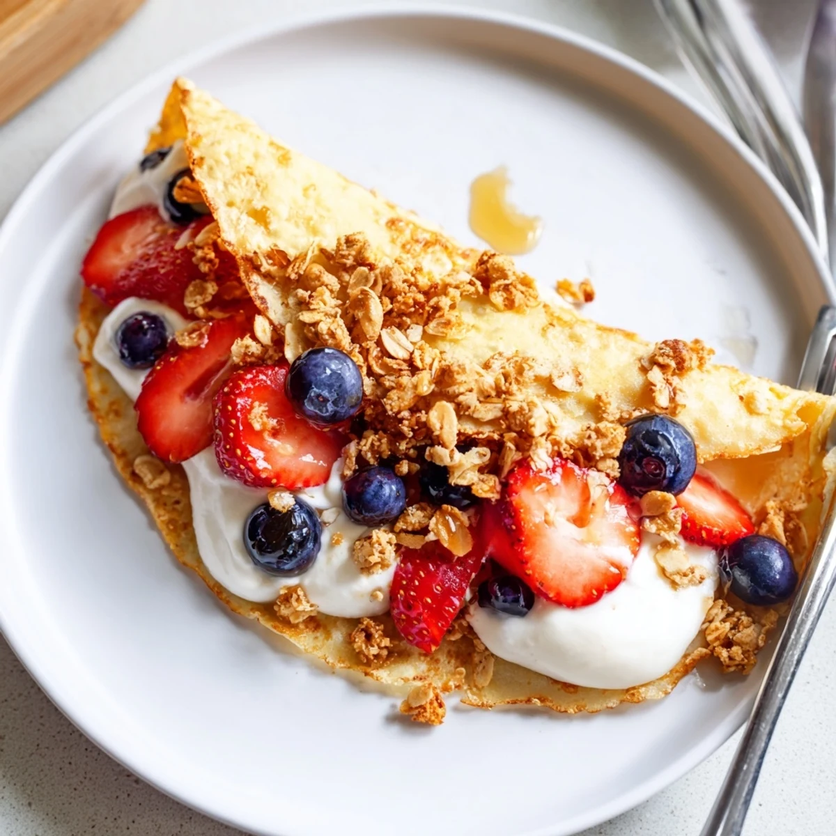 Soft pillowy pancake tacos topped with vibrant blueberries and creamy Greek yogurt.
