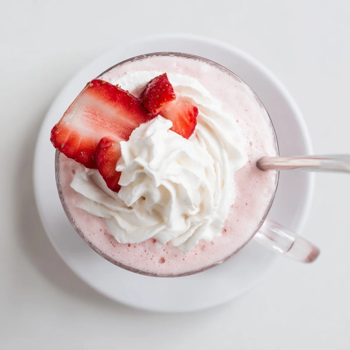 Glossy strawberry milkshake topped with whipped cream and fresh strawberry slices.