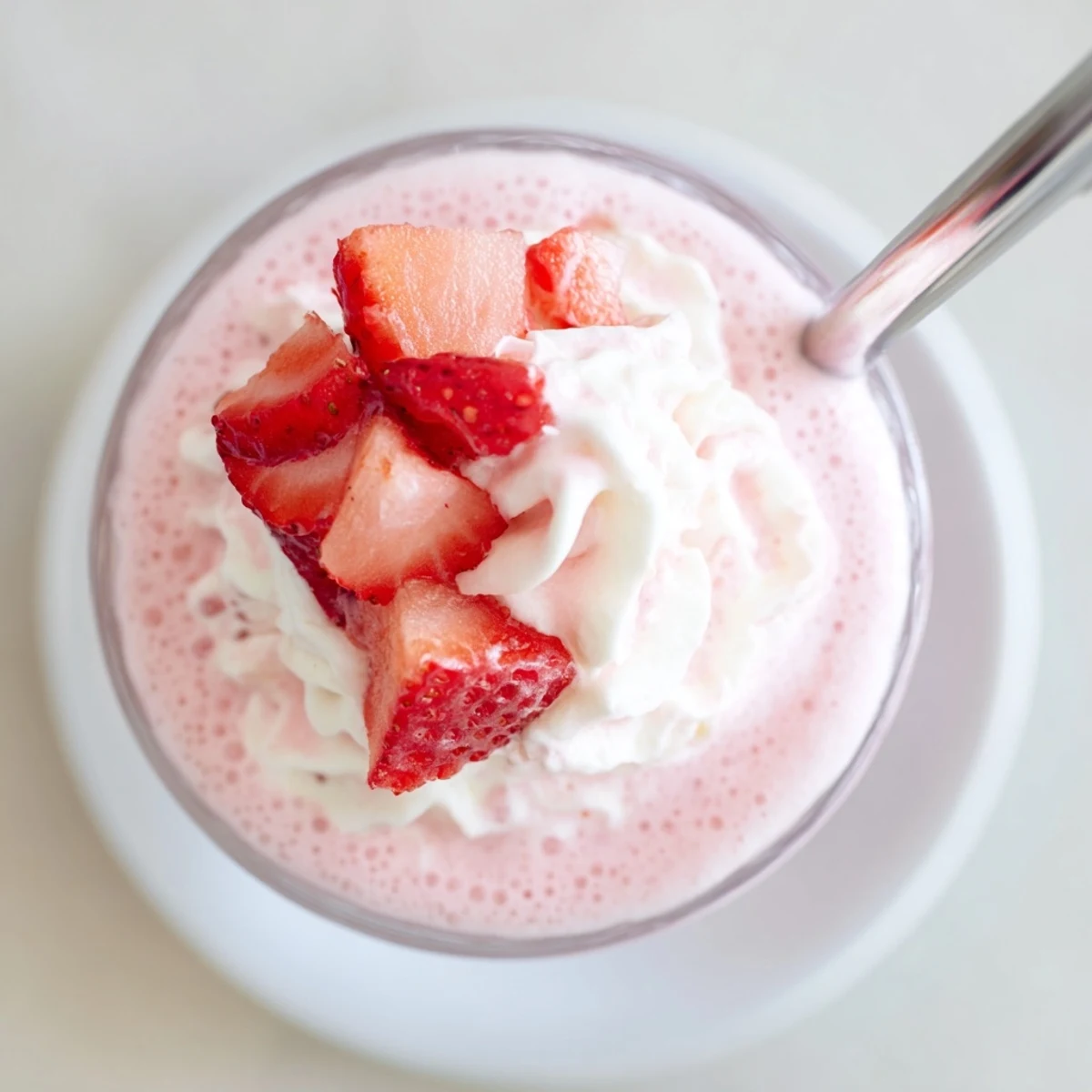 Thick pink creamy strawberry milkshake poured into a tall clear glass.