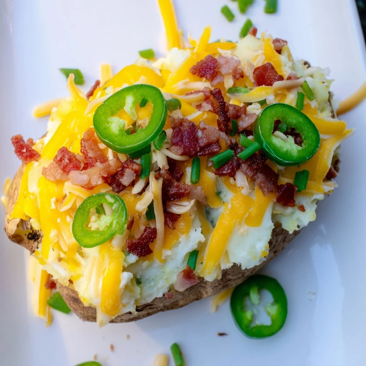 Golden and bubbly Jalapeno Popper Twice Baked Potatoes topped with melted cheese and crispy bacon bits.  