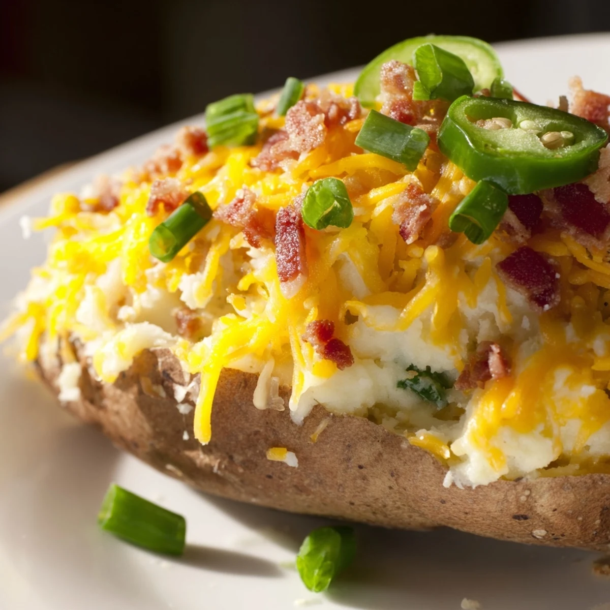 Creamy Jalapeno Popper Twice Baked Potatoes stuffed with spicy jalapenos and garnished with fresh chives.  