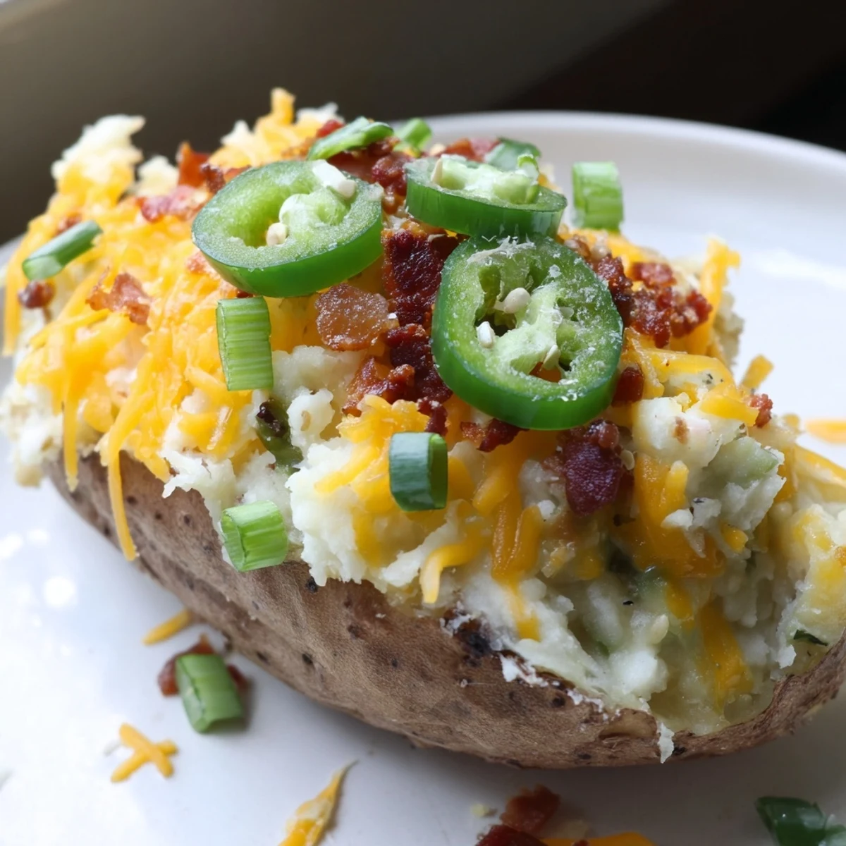 Delicious Jalapeno Popper Twice Baked Potatoes served hot with extra shredded cheese and sliced green onions.