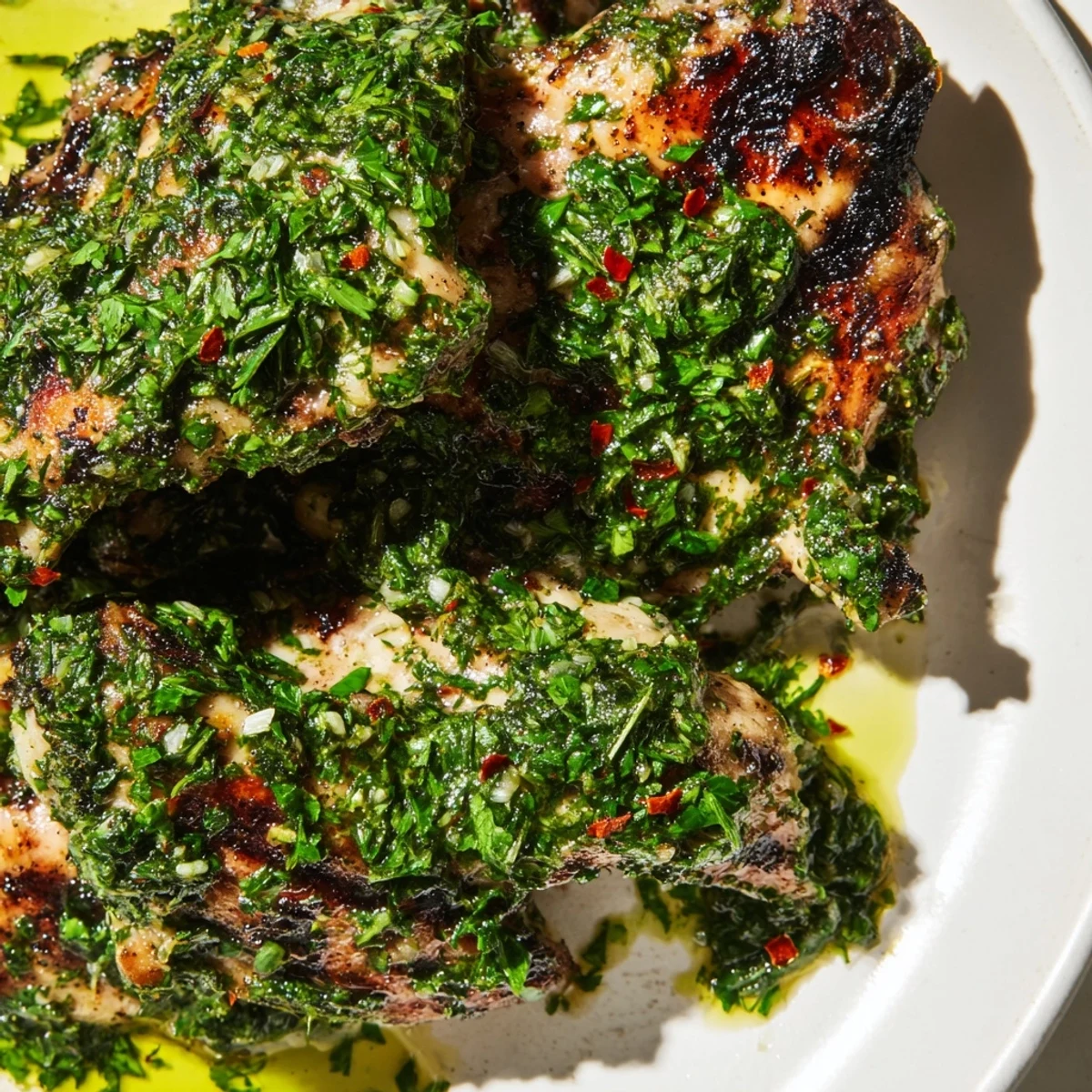 Grilled chimichurri chicken thighs with crispy skin and vibrant green sauce plating.  