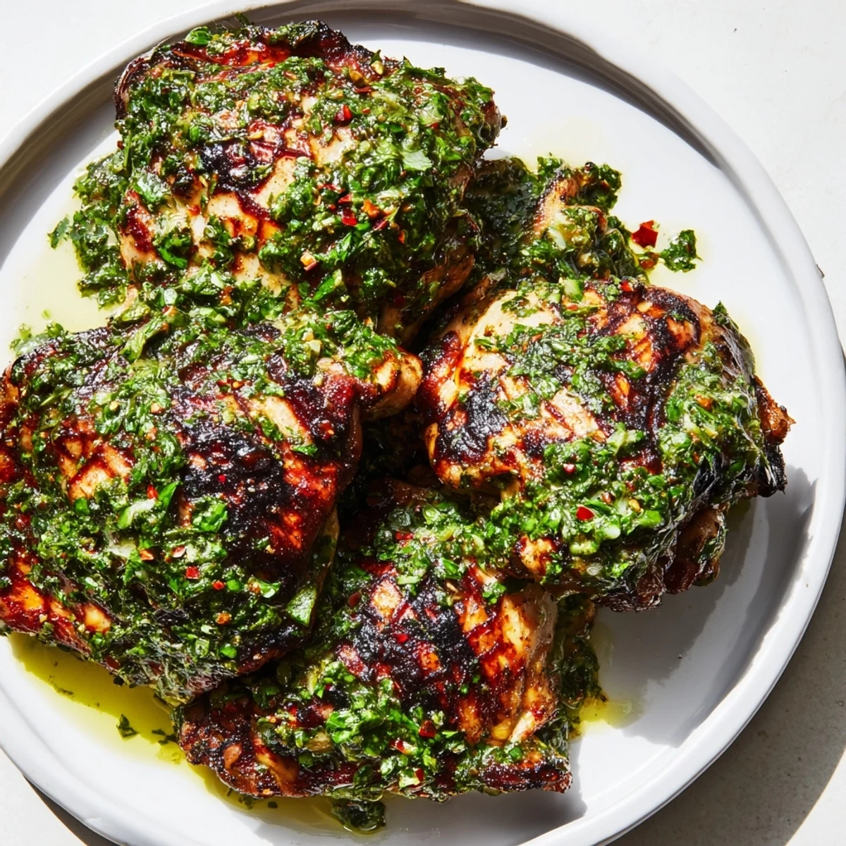 Succulent chimichurri chicken thighs served fresh, drizzled with zesty herb sauce.  
