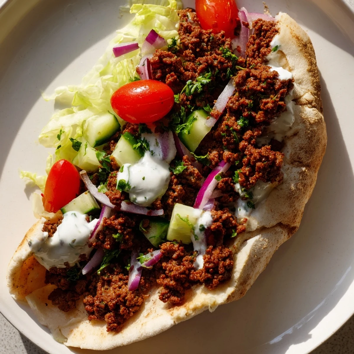 Warm Mediterranean ground beef pita pockets stuffed with fresh veggies and tangy yogurt sauce  
