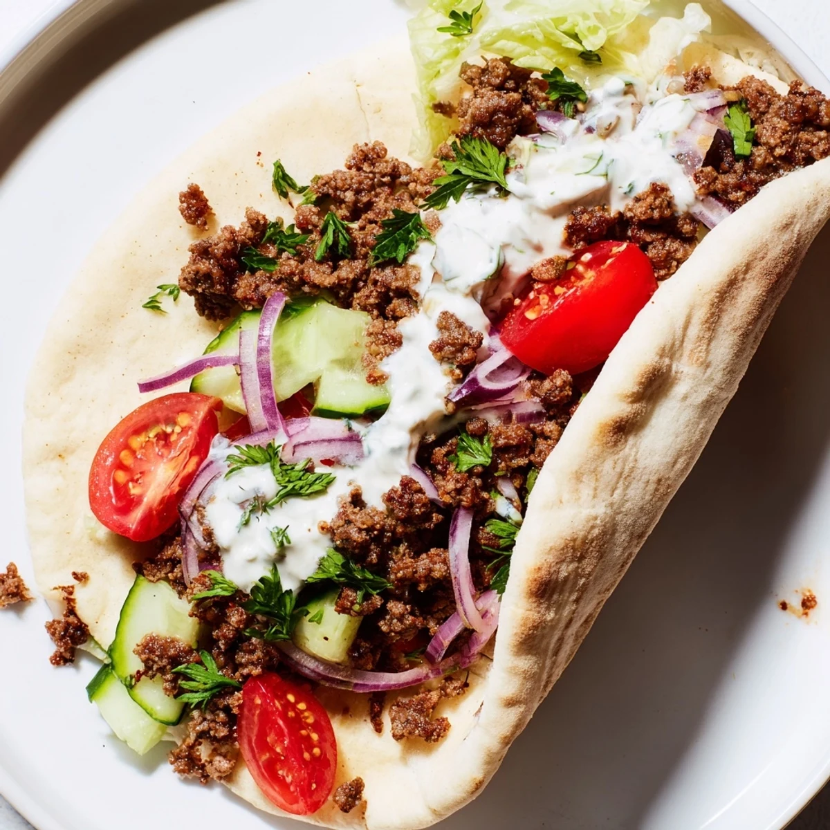 Golden pita filled with spiced ground beef and crisp Mediterranean vegetables for a tasty meal  