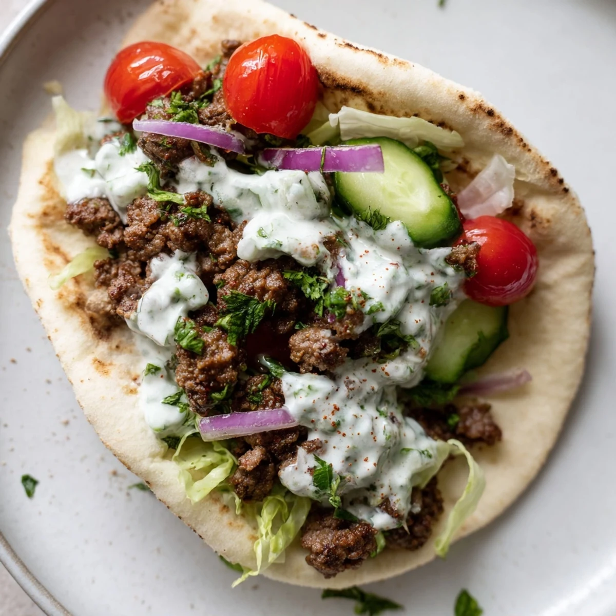 Delicious Mediterranean ground beef pita pockets topped with creamy sauce and fresh herbs