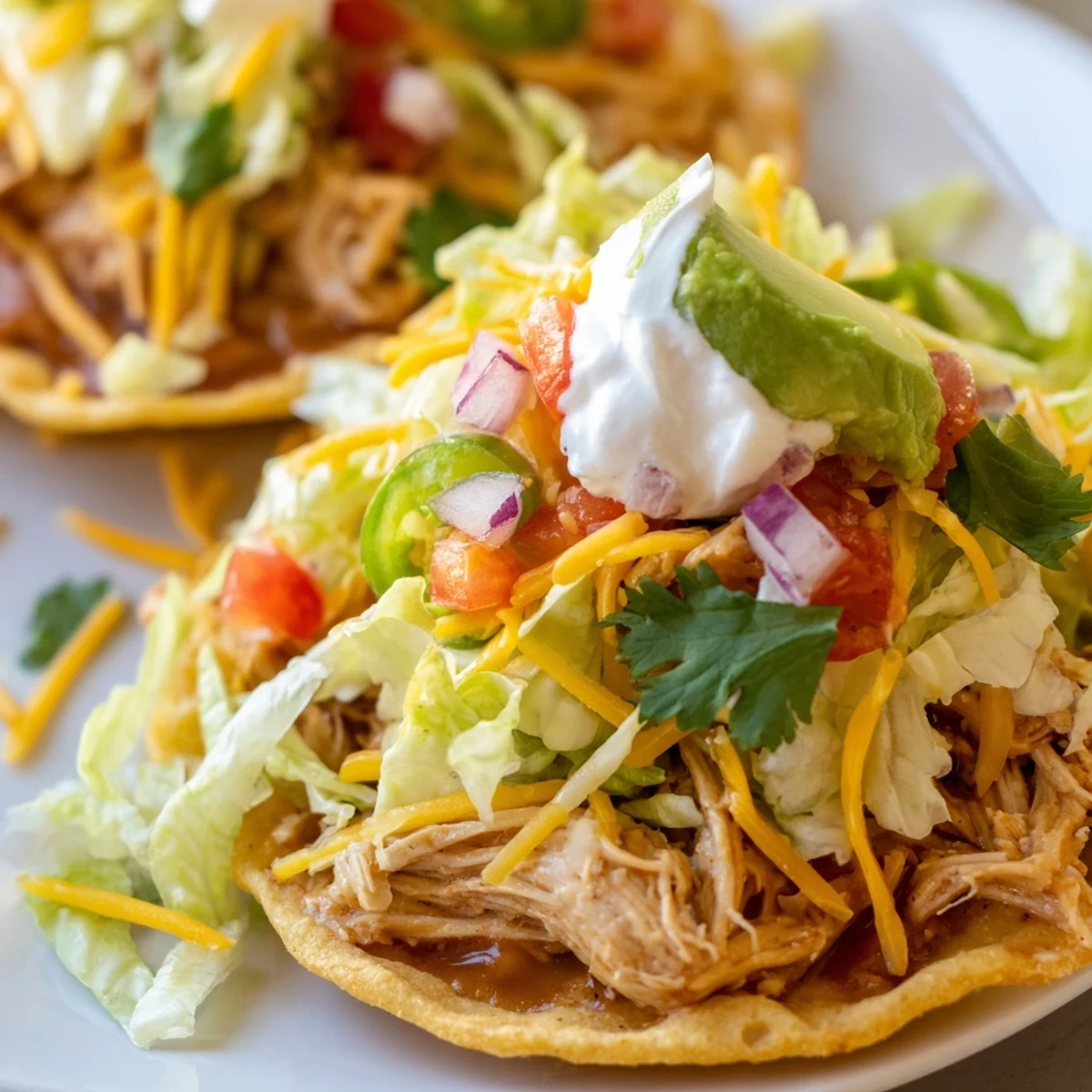 Crispy chicken tostadas piled with fresh veggies and creamy toppings.  