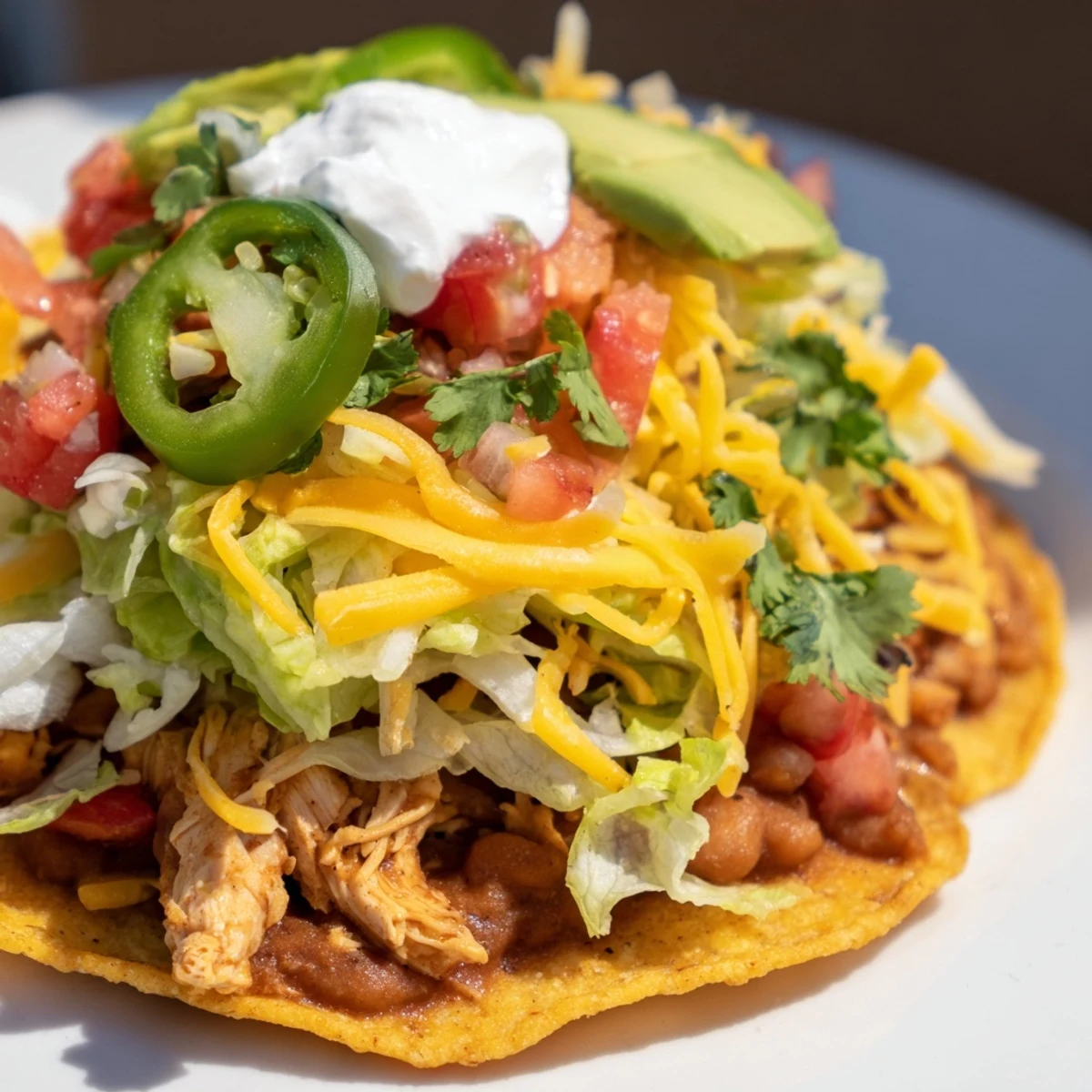 Vibrant chicken tostadas featuring avocado, cheese, and colorful fresh ingredients.