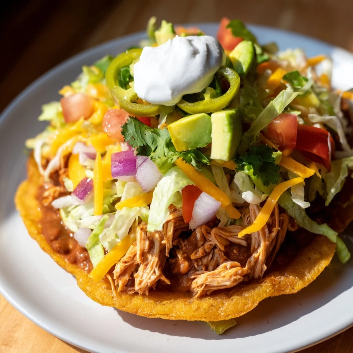 Golden corn tortillas topped with spiced chicken, cheese, and crisp lettuce.  