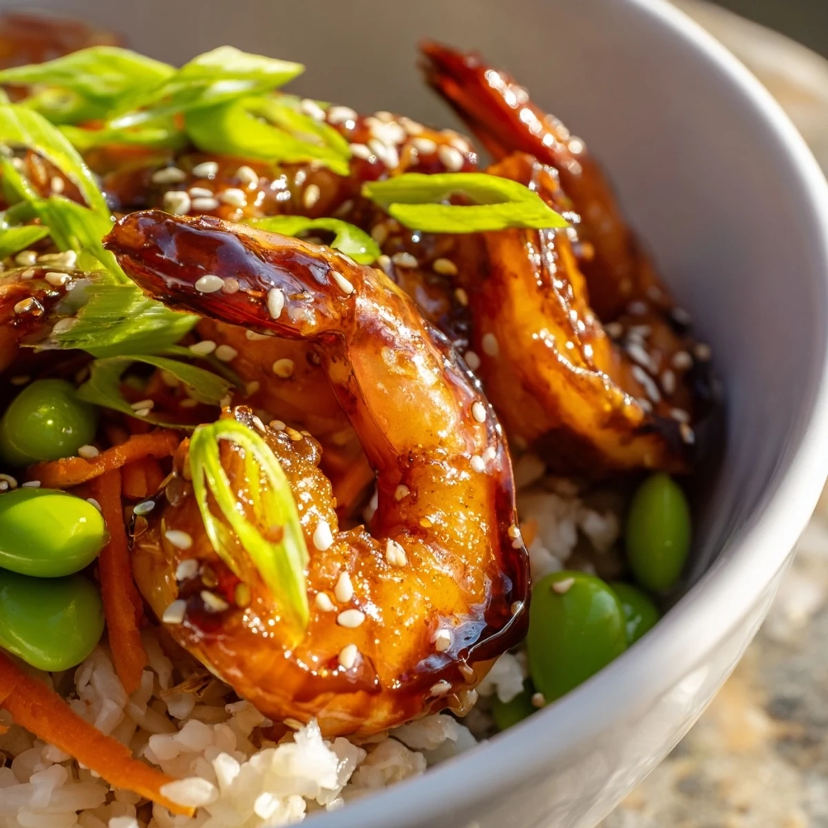 Succulent teriyaki shrimp rice bowl with crisp vegetables and fluffy jasmine rice  