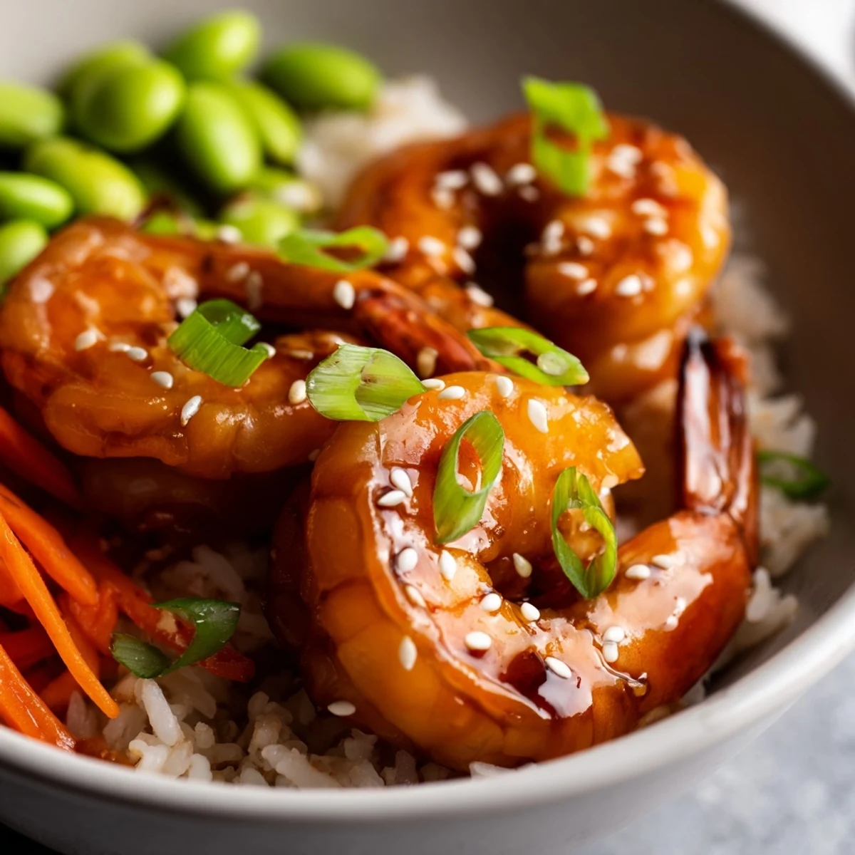 Glossy teriyaki shrimp served over steaming rice with fresh cucumber and carrots  