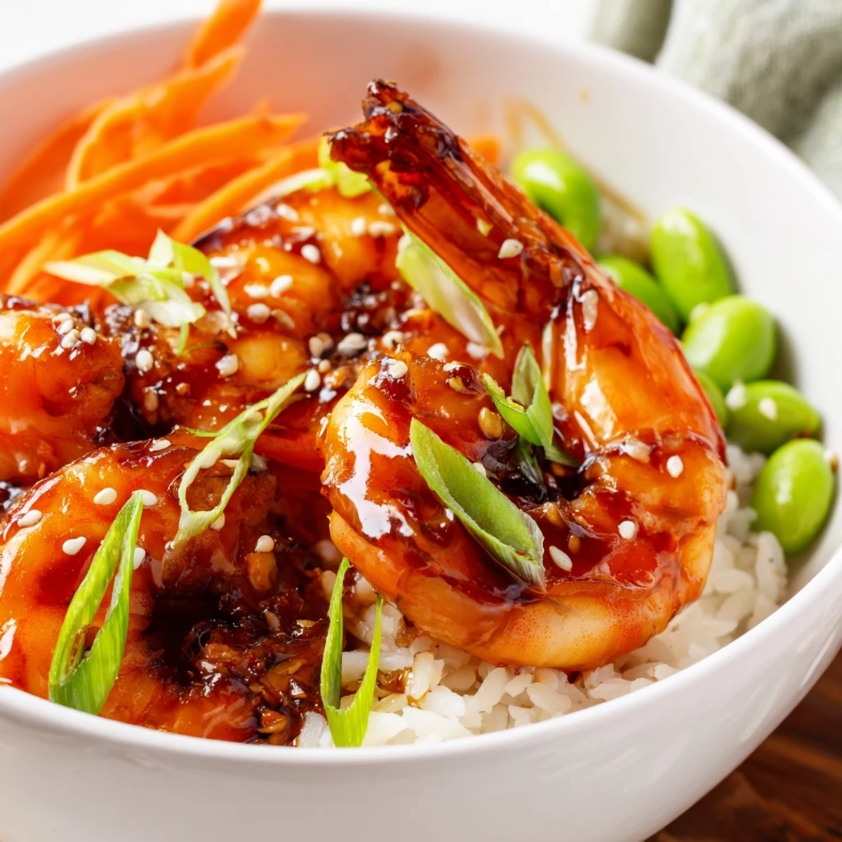 Vibrant teriyaki shrimp rice bowl topped with sesame seeds and green onions
