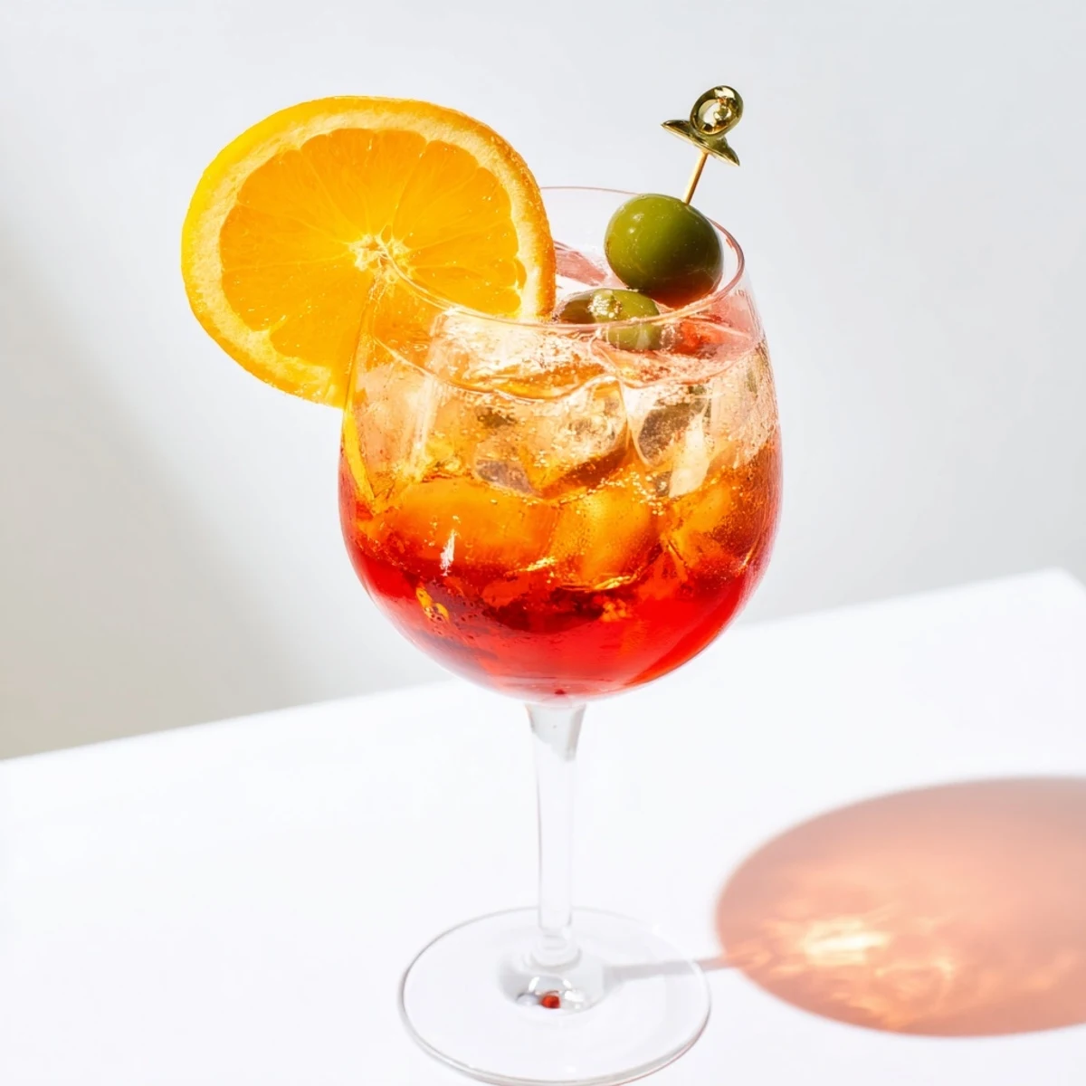 Vibrant Aperol Spritz served in a wine glass with olive garnish.  