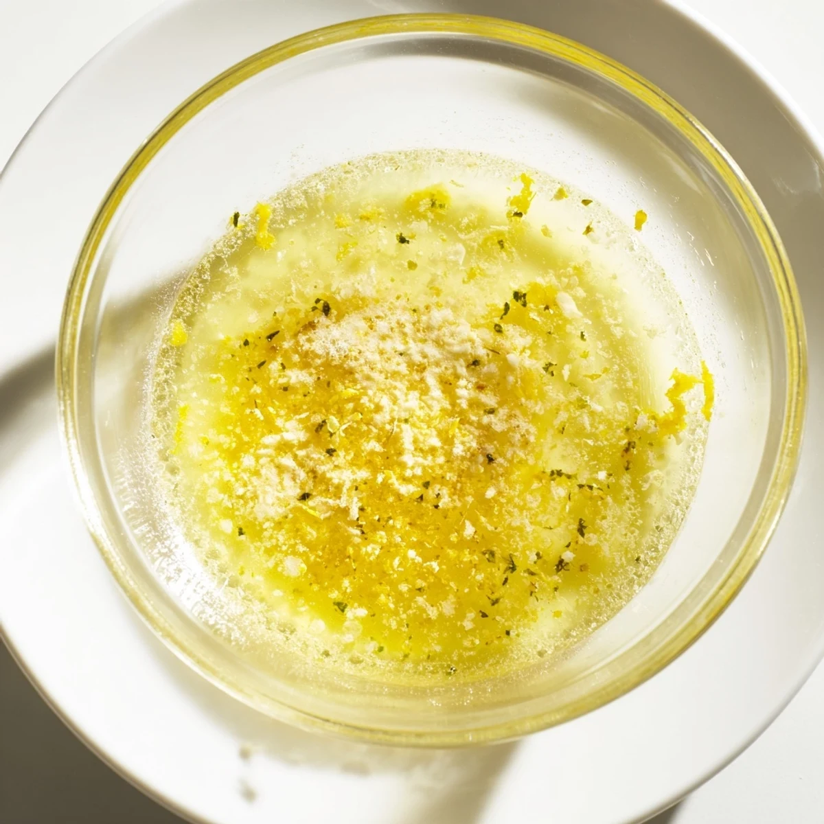 Golden Lemon Vinaigrette Dressing Recipe drizzled over fresh green salad leaves  