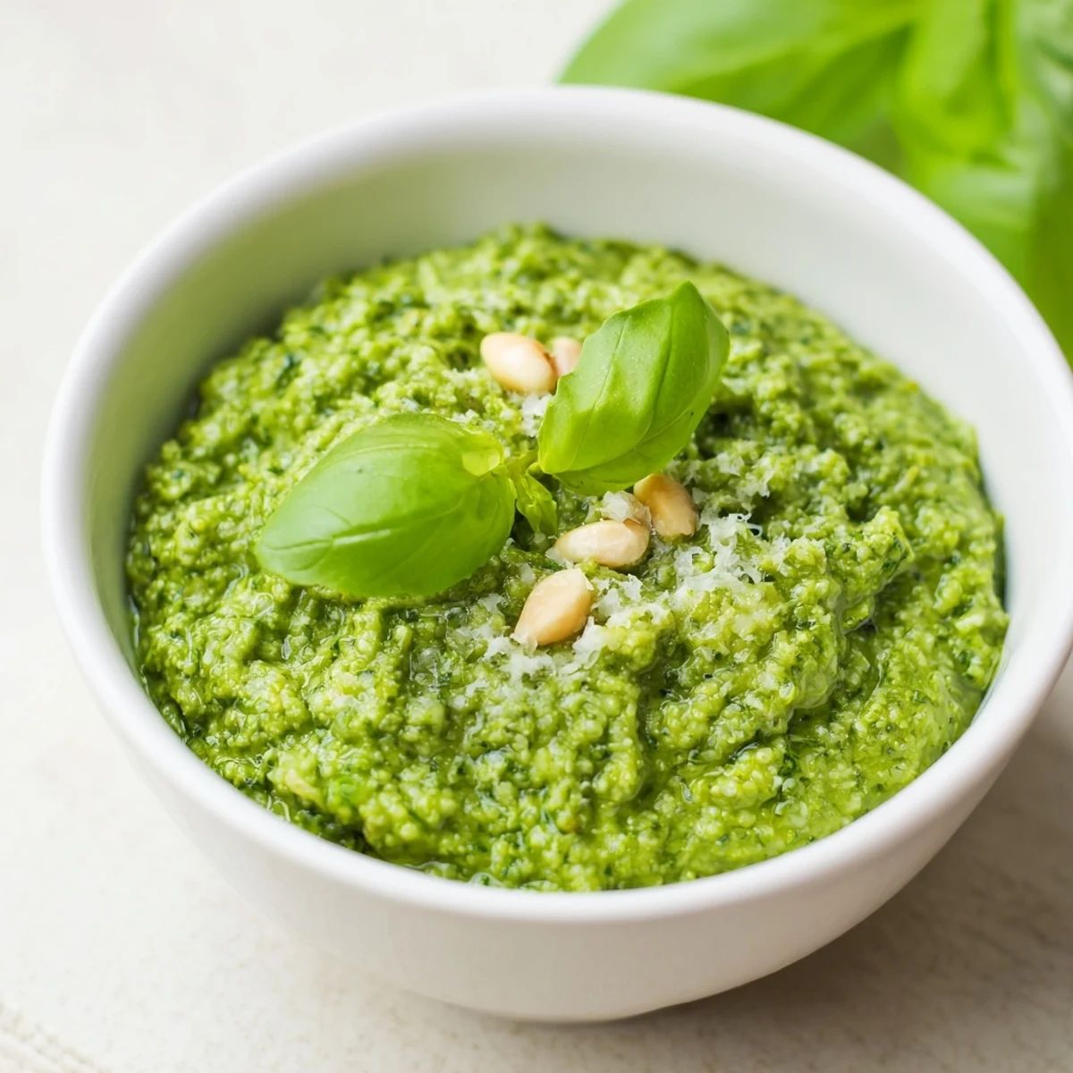 Vibrant garlic scape pesto ready for tossing with pasta or spreading on bread.