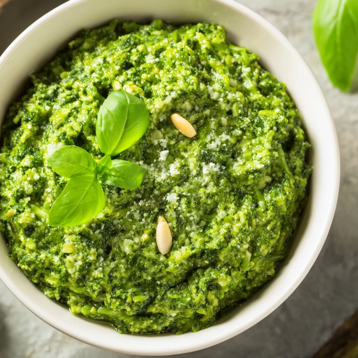 Smooth garlic scape pesto in a jar, drizzled with olive oil for serving.