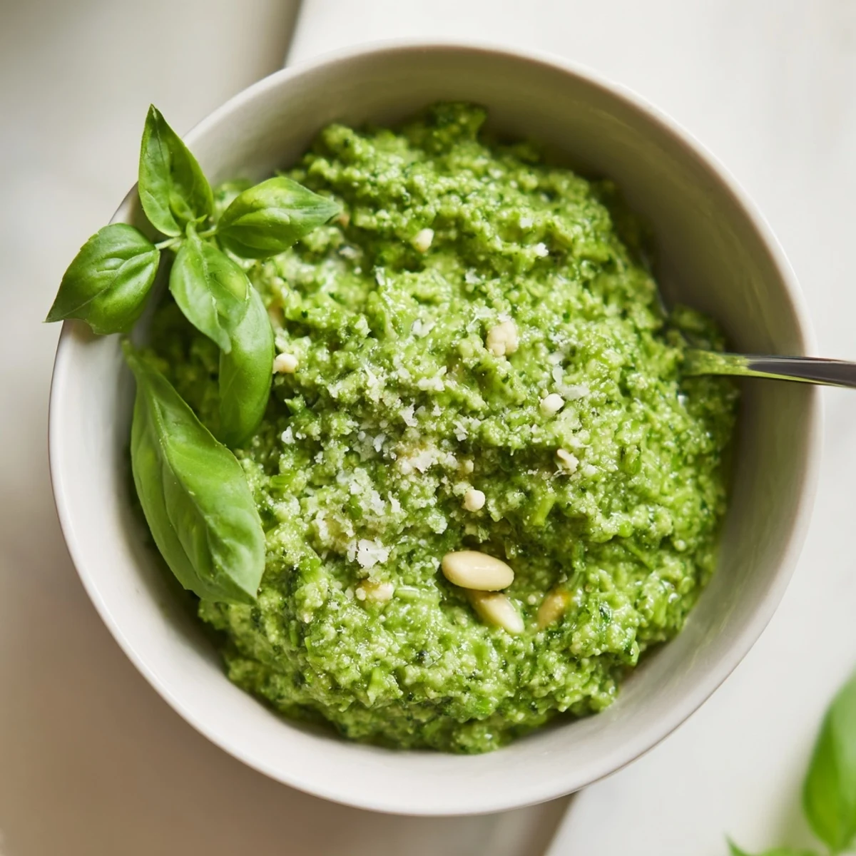 Fresh garlic scape pesto blended with basil and pine nuts, perfect for roasting.