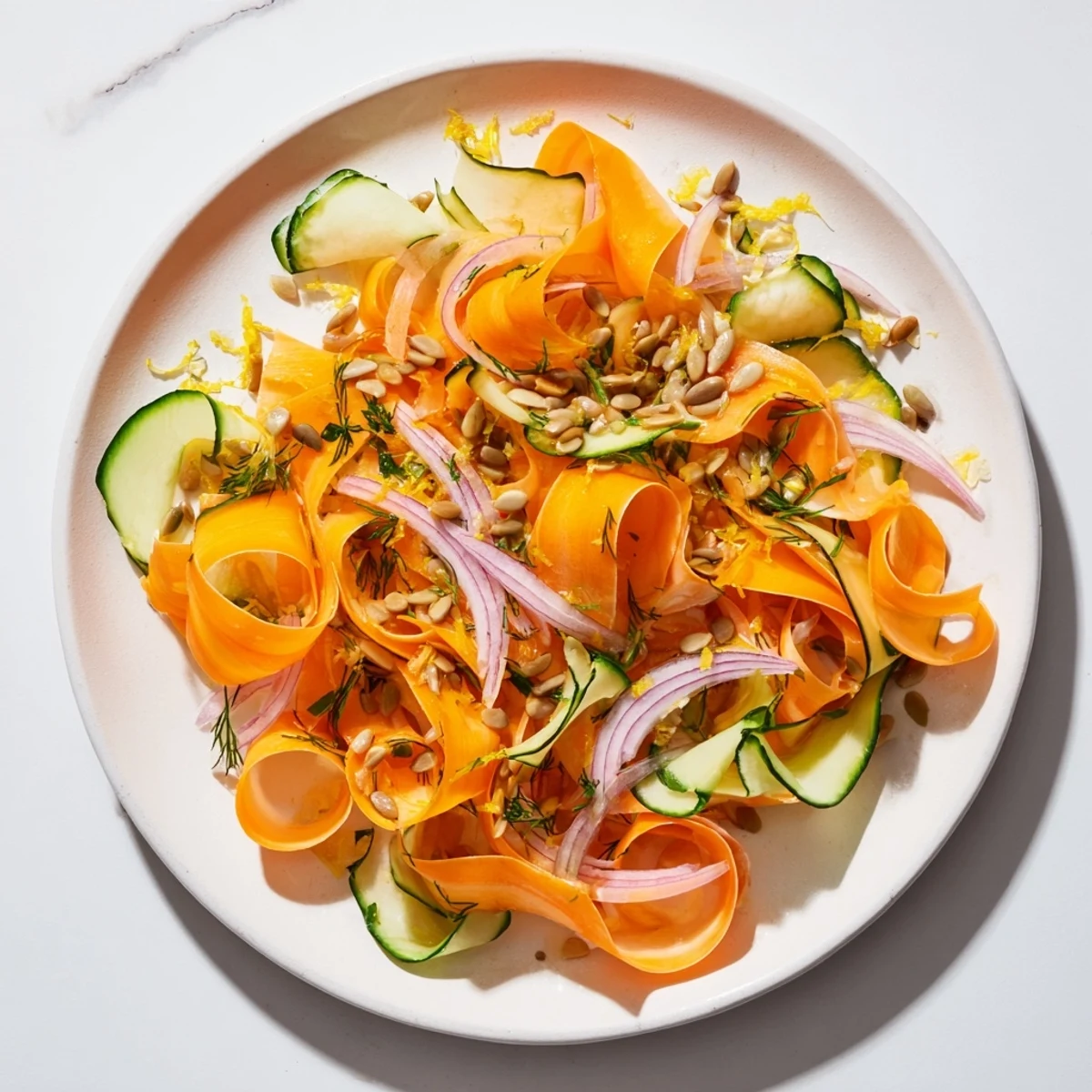Fresh carrot ribbon salad tossed with zesty citrus dressing and parsley.  