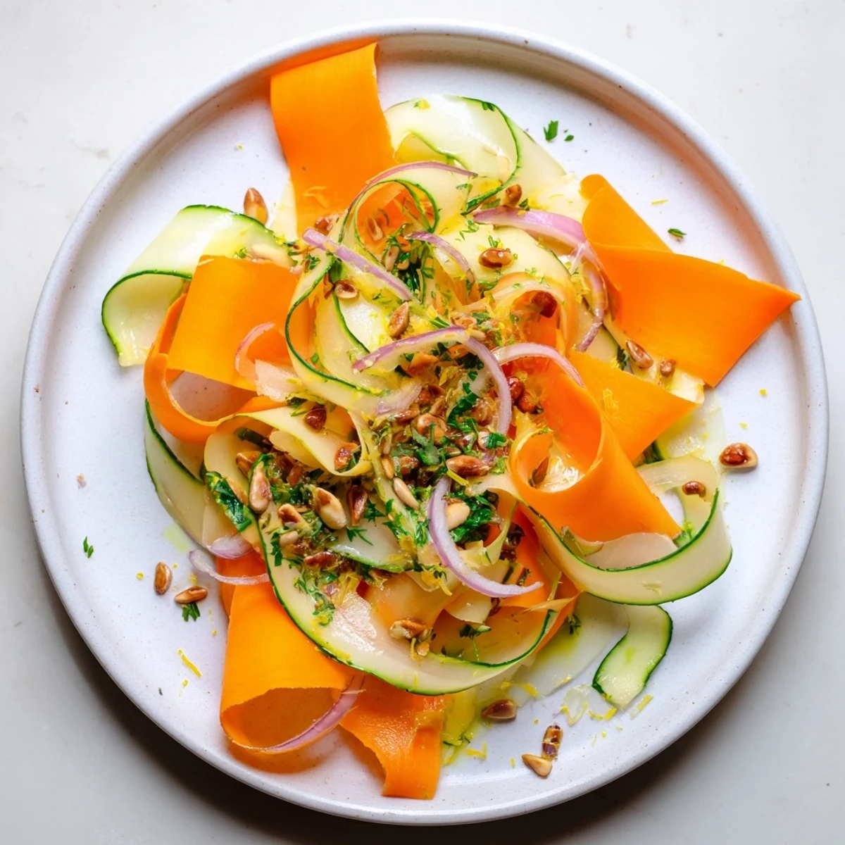 Vibrant carrot ribbon salad topped with cucumber ribbons and toasted sunflower seeds.  