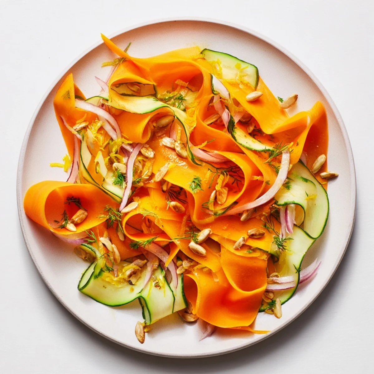 Light carrot ribbon salad drizzled with honey citrus dressing and lemon zest.