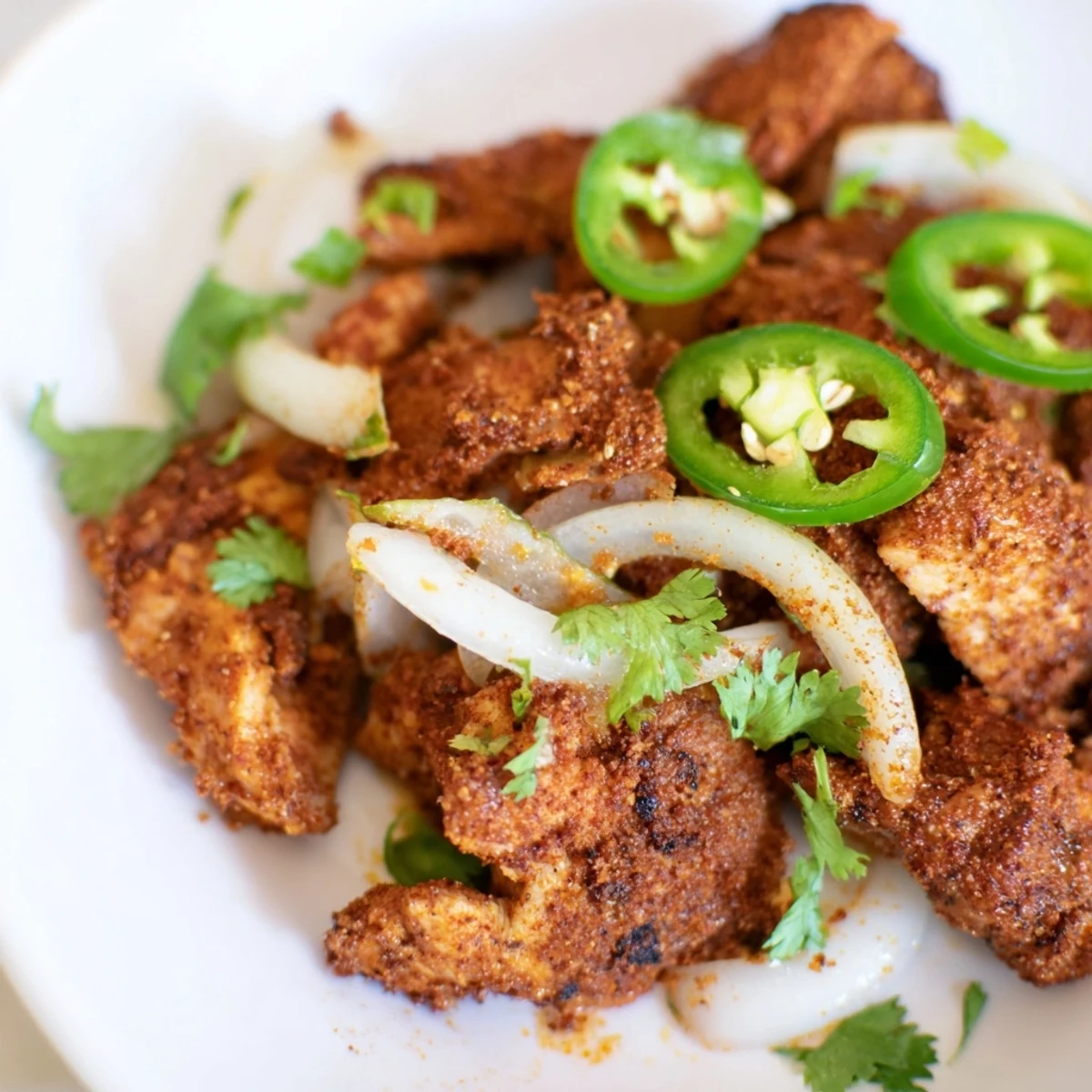 Juicy spicy jalapeno chicken recipe garnished with fresh cilantro and lime wedges.  