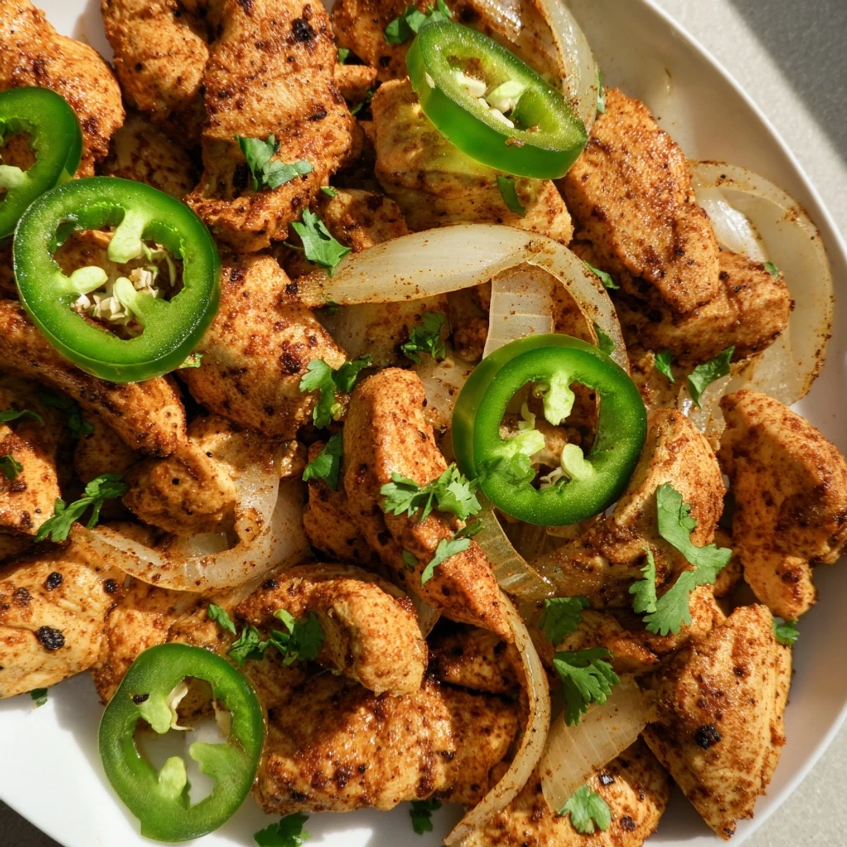 Golden spicy jalapeno chicken recipe served with sliced peppers and onions on a white plate.  